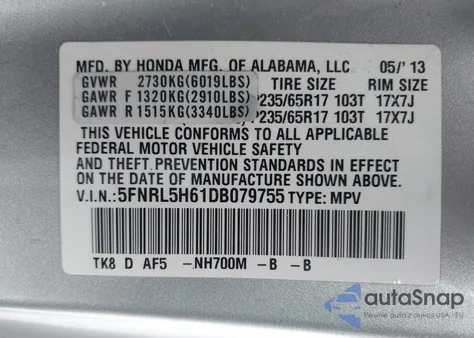 2013 Honda Odyssey Ex-L z USA, uszkodzony, nr VIN 5FNRL5H61DB079755